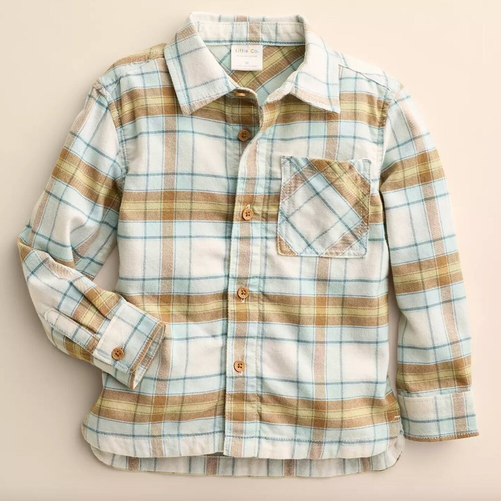 Little Co. Blue and Brown Button Down Shirt with Plaid Pattern
